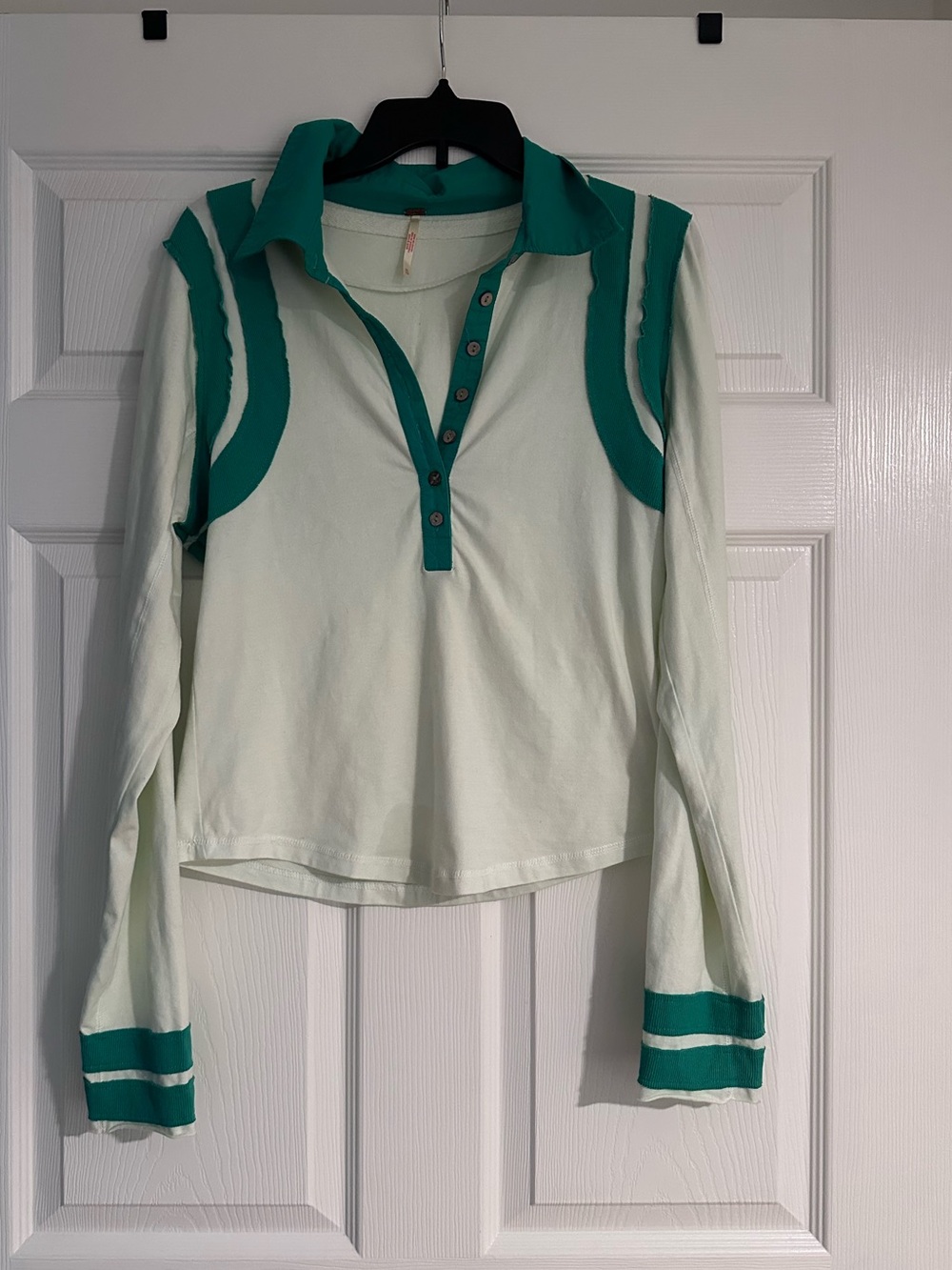 Free People Mint Polo Top with Teal Trim